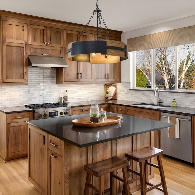 Farmhouse Drum Chandelier Wood Grain Rustic Industrial Round Metal Pendant Light