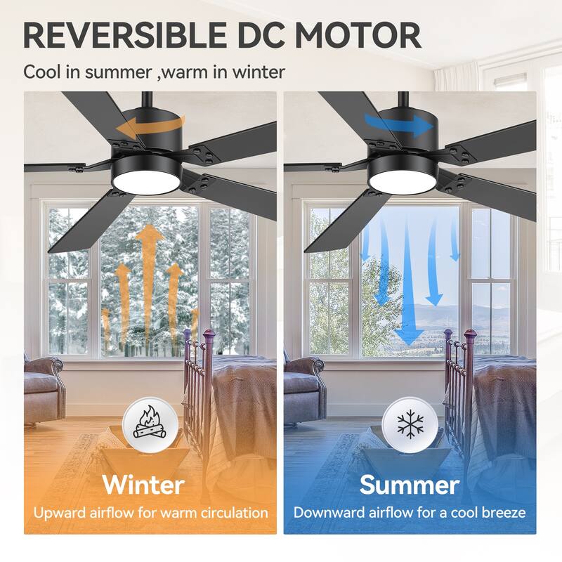 52-Inch Matte Black Ceiling Fan with RGB LED Light and Voice Control((5 Reversible Blades)
