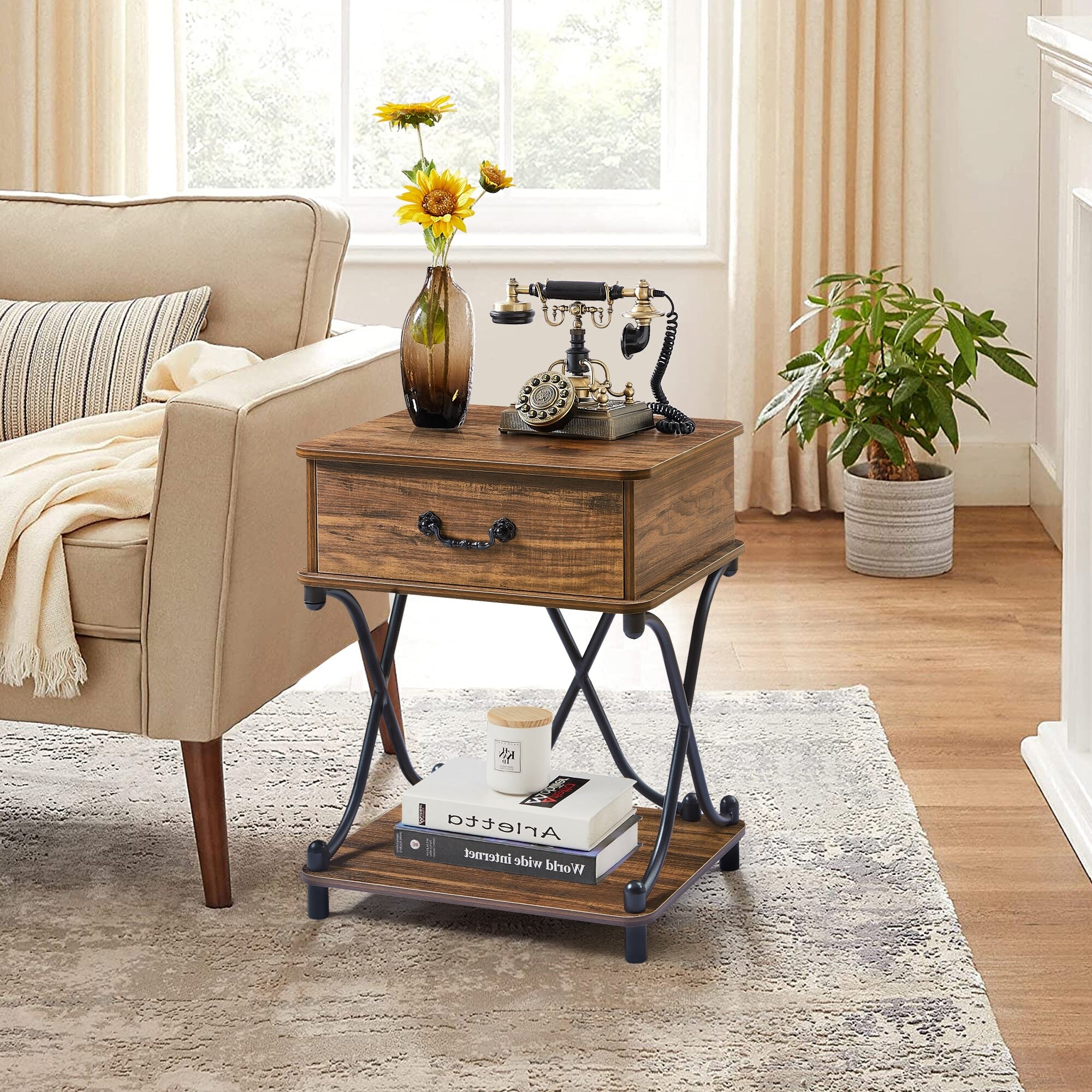 Modern X-Design Nightstand with 1 Drawer & Storage Shelf-image