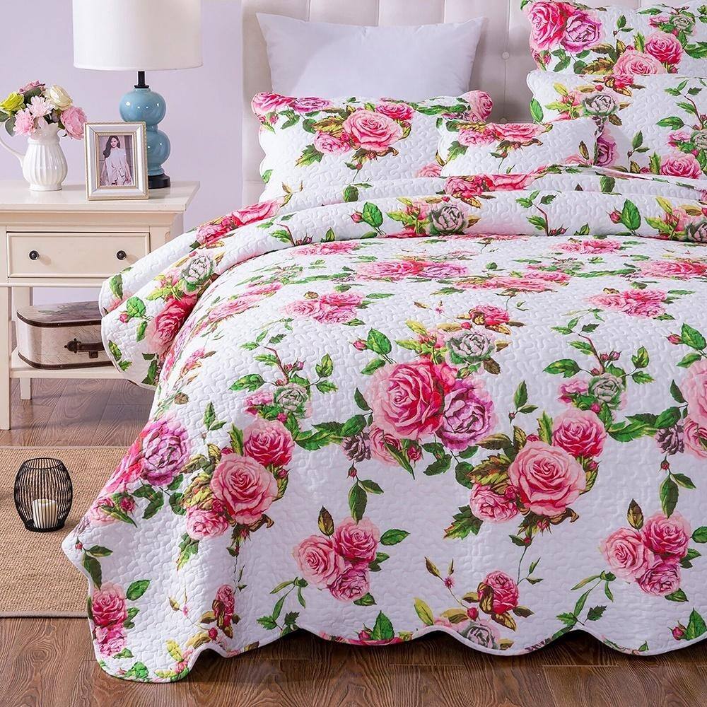 King Romantic Roses Valentine Scalloped Floral Bedspread Set Pink Bed