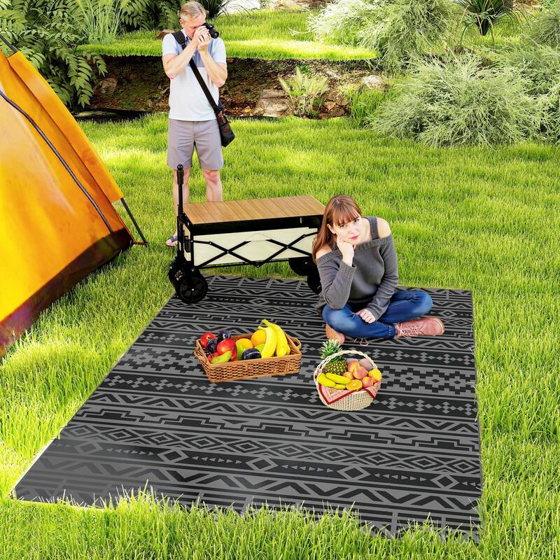 Reversible Outdoor Rug with Carry Bag Foldable Picnic Blanket for Camping, RV Trips, Beach, and Backyard Use - Black and Gray