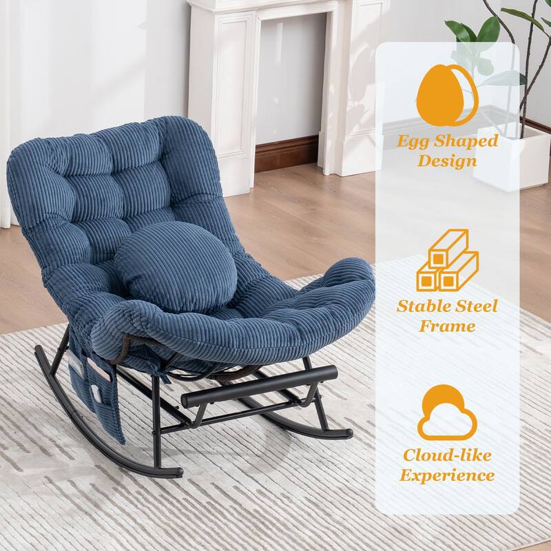 HOMEFUN Corduroy Upholstered Egg Shaped Design Steel Frame Rocking Chair with Side Pocket and Foot Pedal
