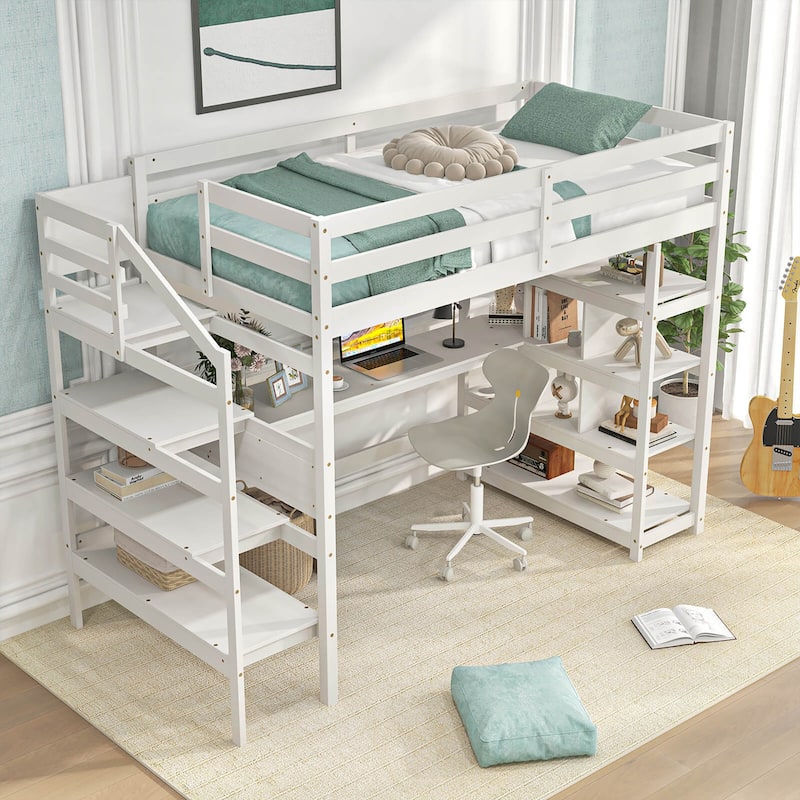 Gymax Twin Size Loft Bed w/ Desk & Storage Stairs Solid Wood Loft Bed - White - Twin
