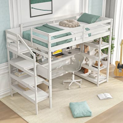 Gymax Twin Size Loft Bed w/ Desk & Storage Stairs Solid Wood Loft Bed
