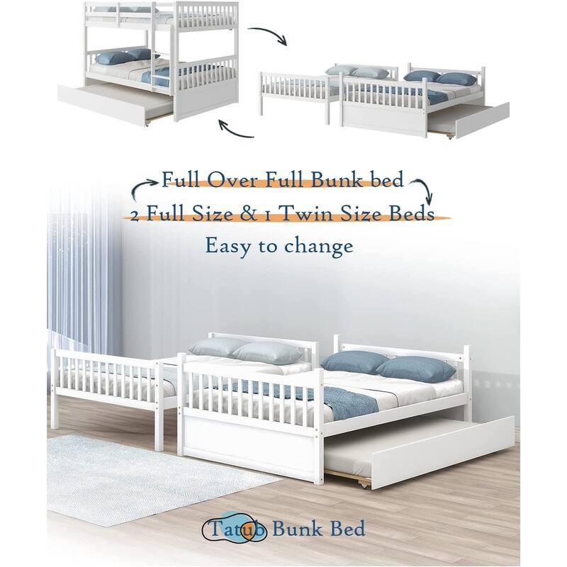 Full Over Full Bunk Bed with Trundle, Solid Bunk Bed with Trundle for Kids, Teens, Boys and Girls