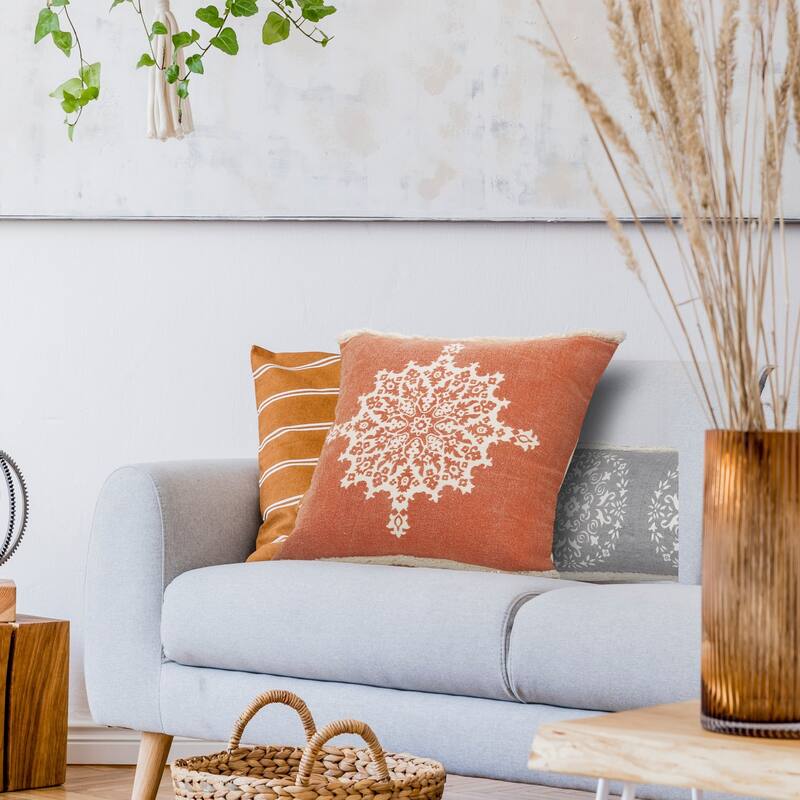 Handwoven Floral Medallion Cotton Throw Pillow Cover - 20" - Orange and White