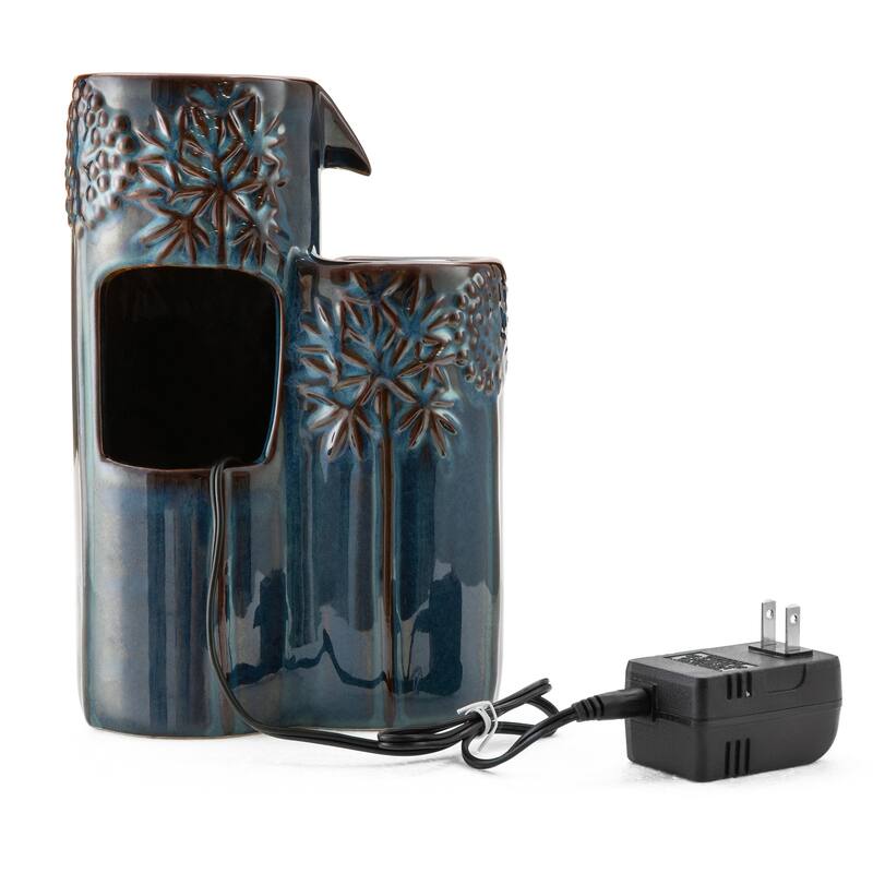 Glitzhome 10"H 3-Tier Turquoise Ceramic Tabletop Fountain with Pump and LED Light