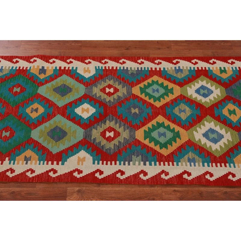 Hand Woven Oriental 100% Wool Carpet Southwestern All-Over Multi-Colored Kilim Runner Rug - 12' 10'' X 2' 9''