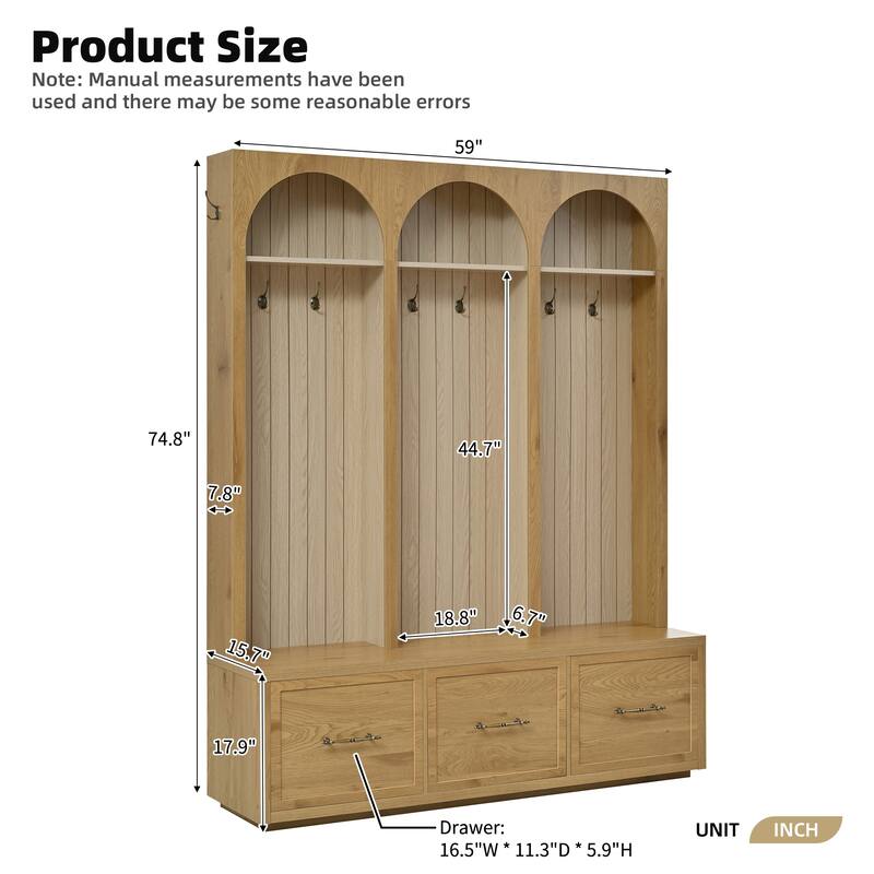Wooden Style Hall Tree with Arched Design, Entryway Bench with Retro Hooks, Rustic Coat Rack & Shoe Organizer with Drawers