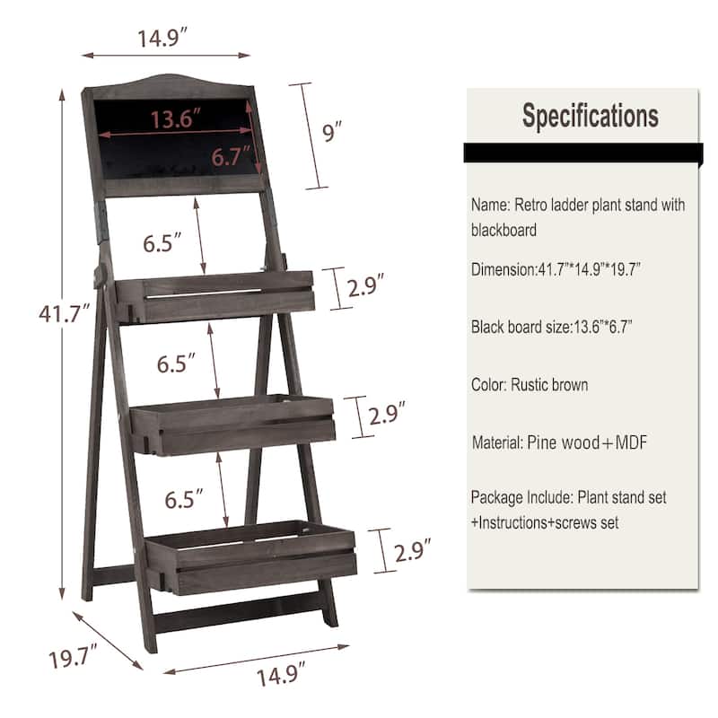 3-Tiered Free Standing Chalkboard Wood Plant Stand - 20 in. x 42 in. x 15 in.