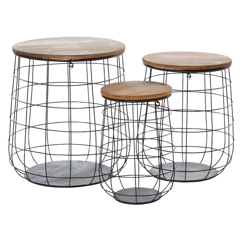 Metal Storage Basket with Wood Lids - Set of 3 Brown - Roche River Decor - 21"W x 21"L x 23"H