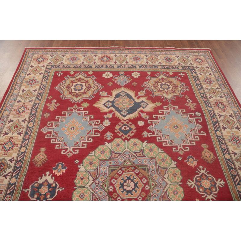 Red Geometric Kazak Oriental Area Rug Handmade Wool Carpet - 6'4" x 9'9"
