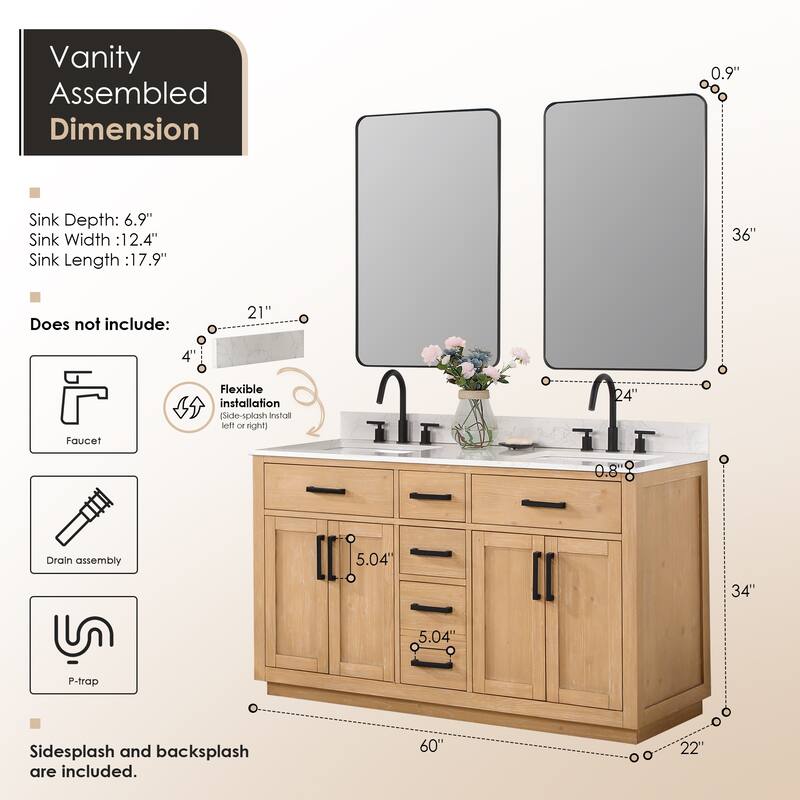 Altair Gavino Bath Vanity with Grain White Composite Stone Top and Mirror