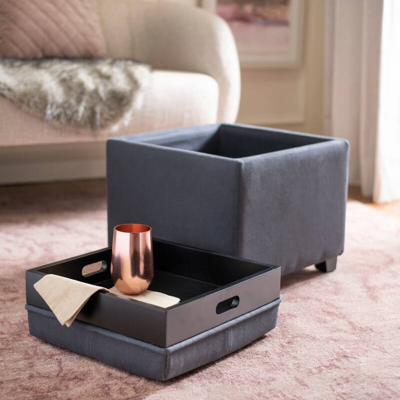 SAFAVIEH Lesia Storage Brown Leather Tray Ottoman - Grey