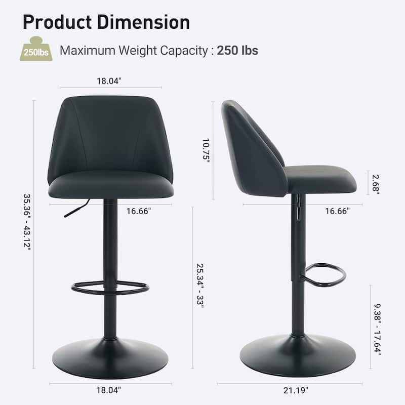 RENEWLINE Adjustable Swivel Bar Stool - PU Leather Counter Height Stool with Square Open Back for Kitchen Island