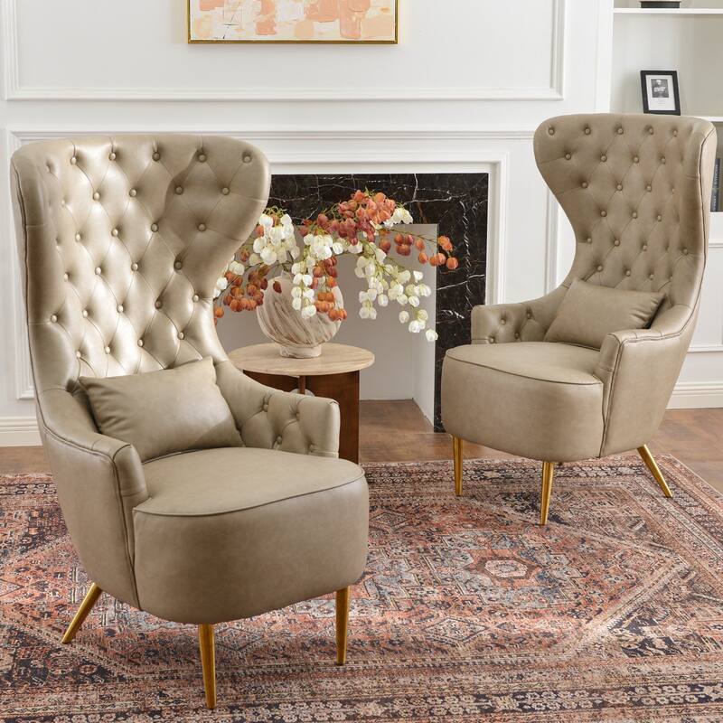 KINWELL Upholstered Tufted Faux Leather Wingback Chair PU Accent Chair