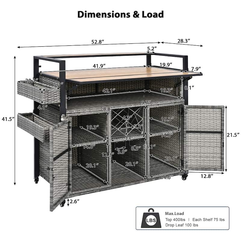 52.8"W Wicker Outdoor Grill Cart with Extended Plastic Wood Table Top