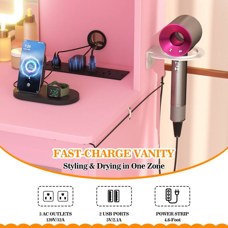 Modern Farmhouse Vanity Table with LED Mirror, Makeup Vanity Desk with Drawer, Cabinet, and Shelves