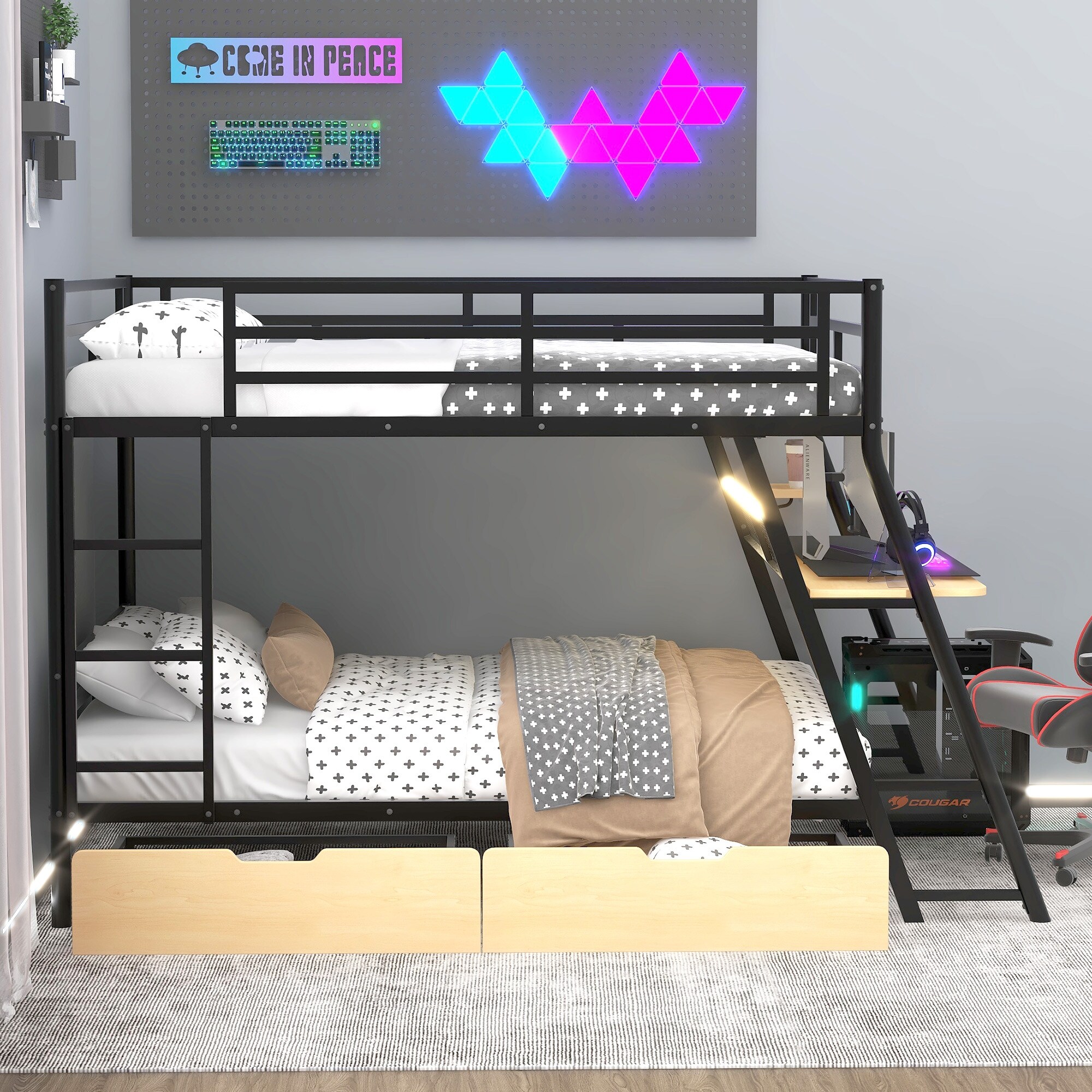 Full Size Metal Bunk Bed with Built-in Desk, Light and 2 Drawers