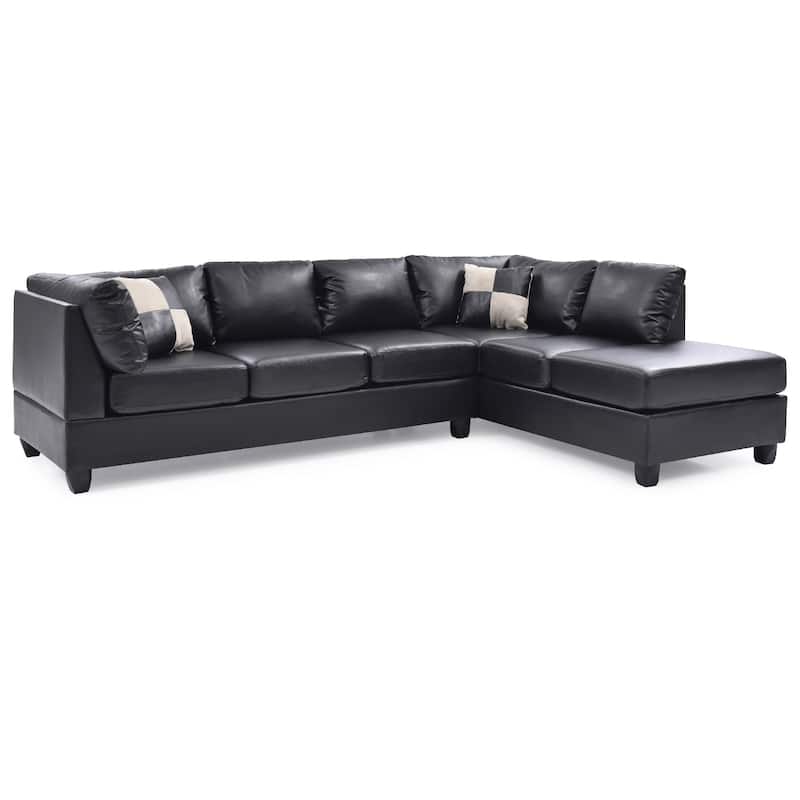 Reversible Faux Leather 4-Seater Sectional Sofa with Throw Pillows - 111" - Black