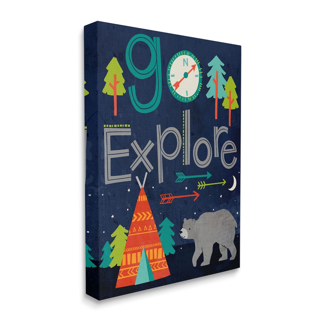 Stupell Go Explore Night Time Tee Pee with Bear Stretched Canvas Wall Art, 16 x 1.5 x 20, Made in USA - Multi-color