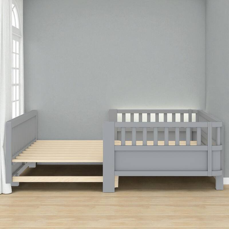 Convertible Twin/Twin XL Solid Wood Platform Bed with Guardrails, Expands to Double Twin or Queen Size, Durable Frame