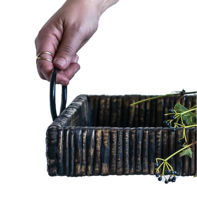 Black Rattan & Wood Tray with Handles