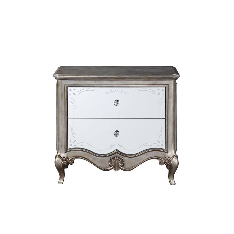 Nightstand with Mirror Front and Molded Trim, Antique Silver