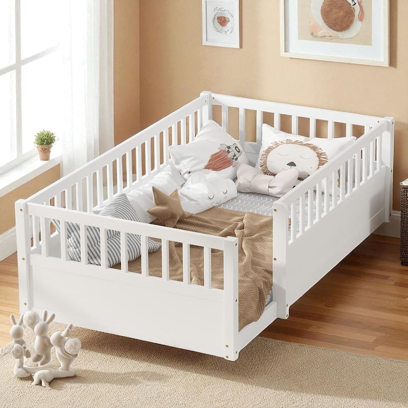 Twin/Full Montessori Floor Bed with High Fence & Open Door, Solid Pine, Playroom/Bedroom, No Box Spring - White - Twin