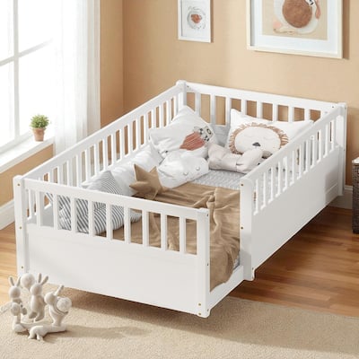 Twin/Full Montessori Floor Bed with High Fence & Open Door, Solid Pine, Playroom/Bedroom, No Box Spring