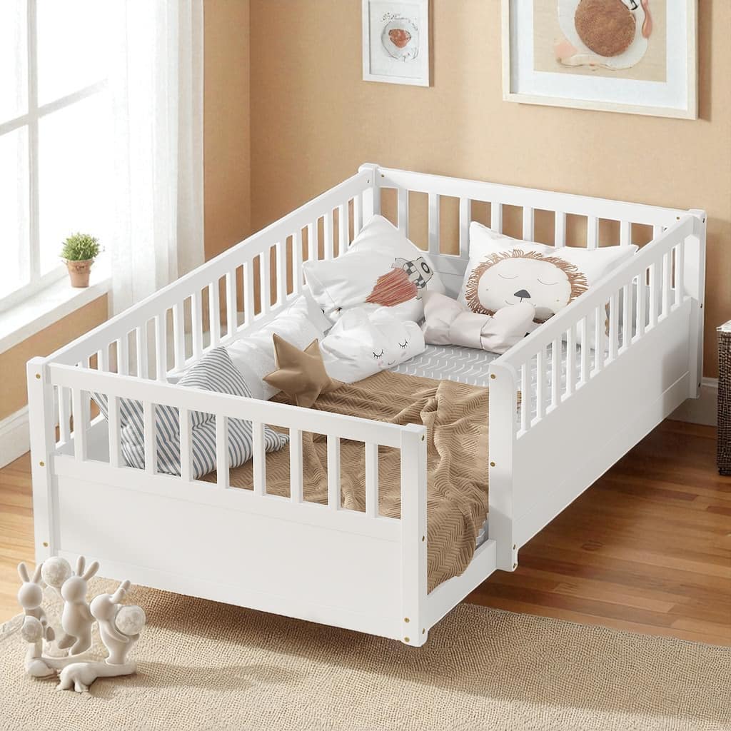 Twin/Full Montessori Floor Bed with High Fence & Open Door, Solid Pine, Playroom/Bedroom, No Box Spring