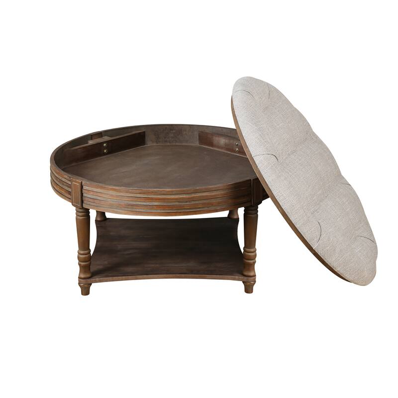 Large Round WaterProof Ottoman Coffee Table with Wooden Shelf Storage