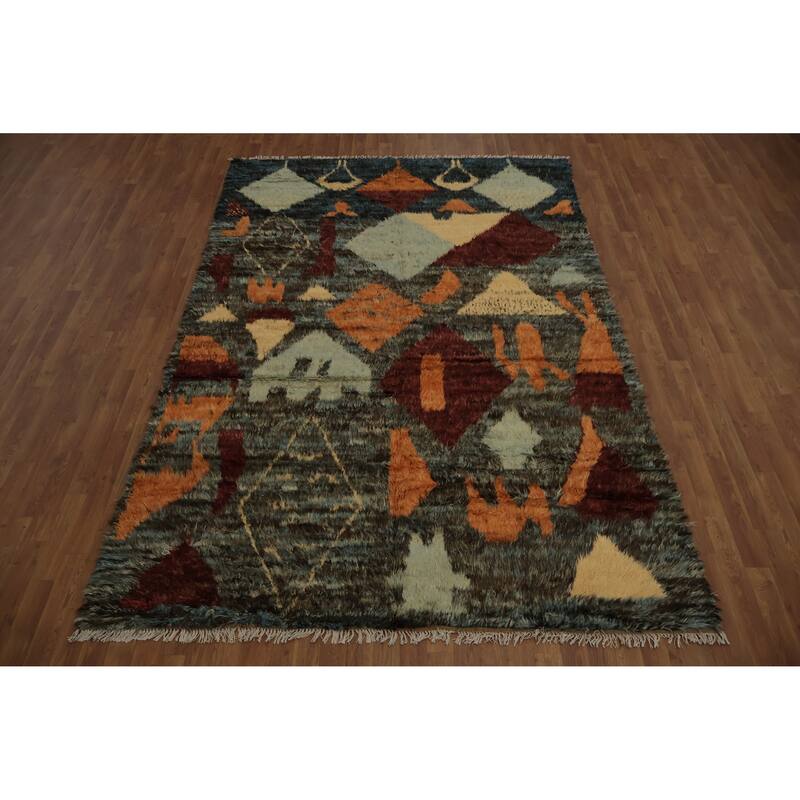 Hand Knotted Oriental 100% Wool Carpet Modern Tribal Multi-Colored Moroccan Area Rug - 9' 10'' X 6' 8''