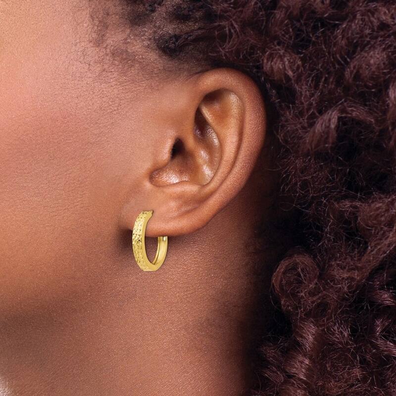 Curata 14k Yellow Gold Sparkle Cut 15x3.5mm Reversible Hinged Huggies Hoop Earrings