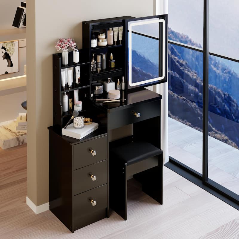 29.2"Small Size Left Bedside Cabinet Vanity Table + Cushioned Stool, Large Sliding, Touch Control, Brightness Adjust LED Mirror