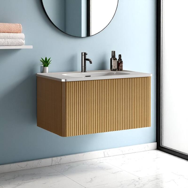 36" Floating Bathroom Vanity, Integrated Ceramic Sink, Push-Open Drawer & U-Shape Wall Fitting,Wall-Mounted MDF Vanity Cabinet