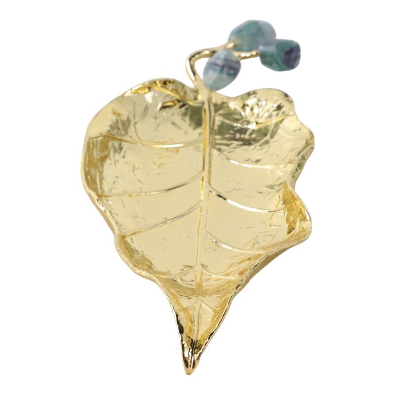 Metal Leaf Sculpture with Gemstone Detail Modern Accent - 14" Gold - 13.5" x 5.25" x 1.5"