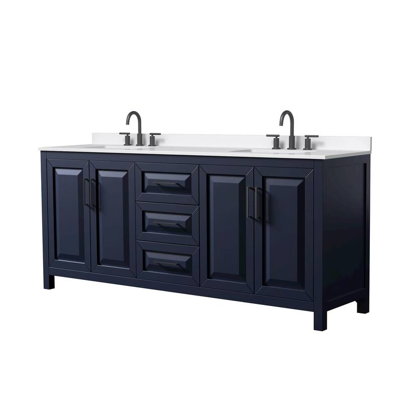 Daria 80-inch Double Vanity, 3 Hole Quartz Top - Dark Blue, Black Trim, White Quartz Top