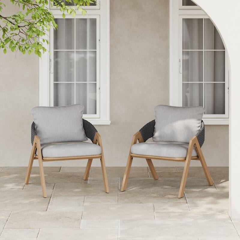Roomfitters Outdoor Patio Chairs with Cushions, Acacia Frame Woven Rope Design, Set of 2 - Grey,Teak