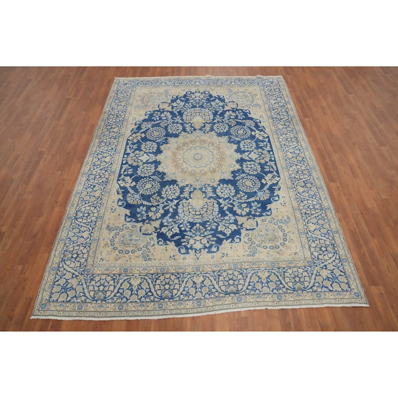 Hand Knotted Oriental 100% Wool Carpet Traditional Floral Navy Blue & Blues Kerman Area Rug - 10' 2'' X 7' 5''