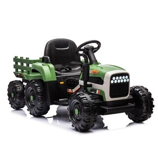 Ride on Tractor with Trailer - 12V Battery Powered, Remote Control, Adjustable Speed, USB, Bluetooth, Safety Belt - Emerald