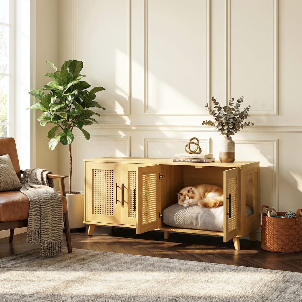 Christopher Knight Home - 47"W Rubber Wood Cat Cabinet with Rattan Doors & Cushion
