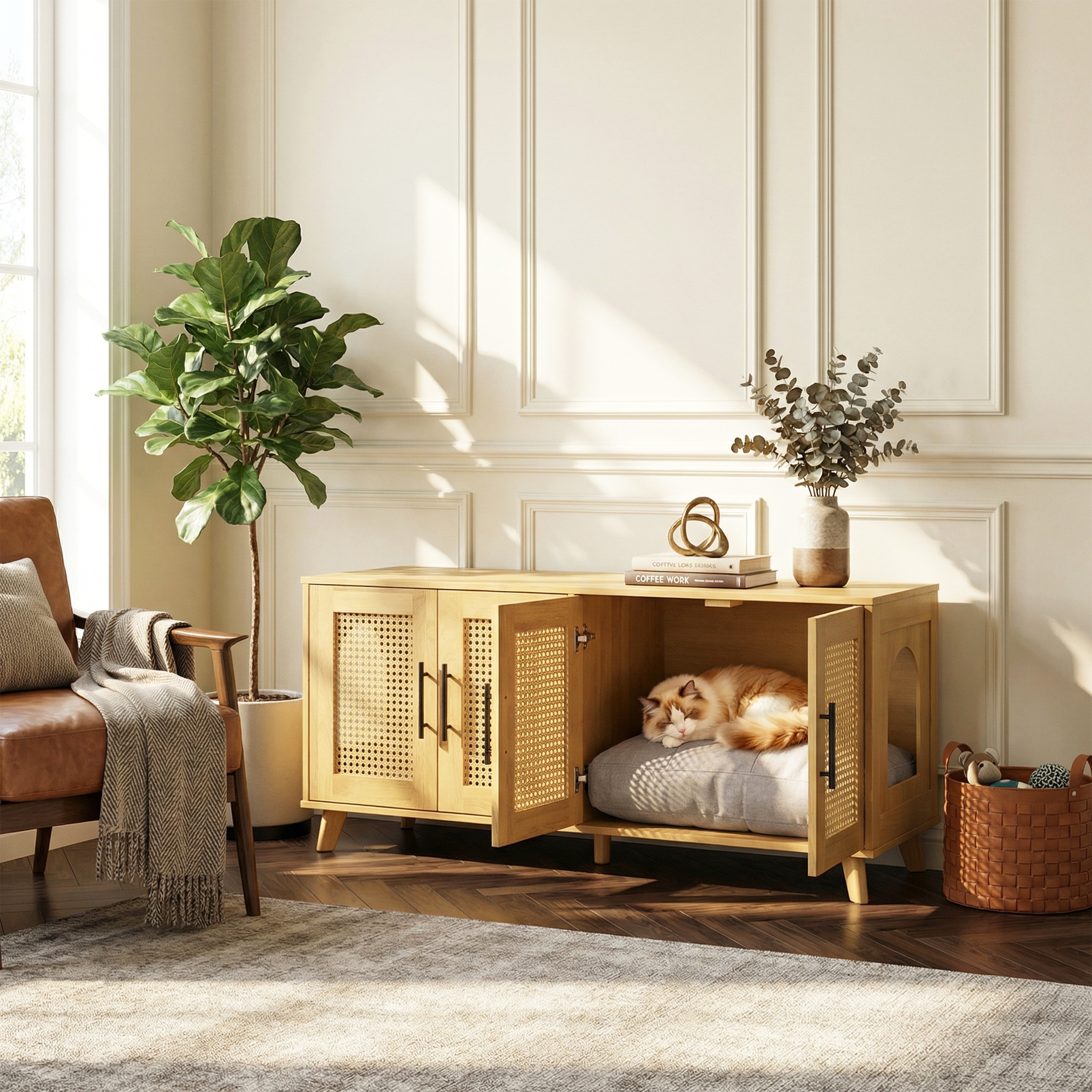 Christopher Knight Home - 47"W Rubber Wood Cat Cabinet with Rattan Doors & Cushion