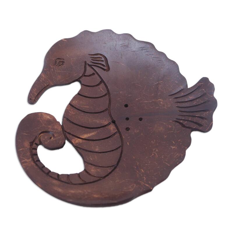 Novica Handmade Serene Seahorse Coconut Shell Soap Dish - Brown
