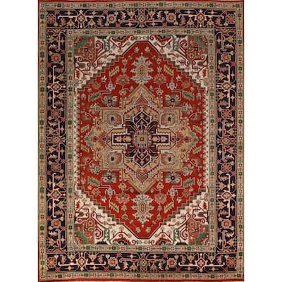 Geometric Medallion Heriz Serapi Area Rug Hand-Knotted Wool Carpet - 8'11"x 11'9"