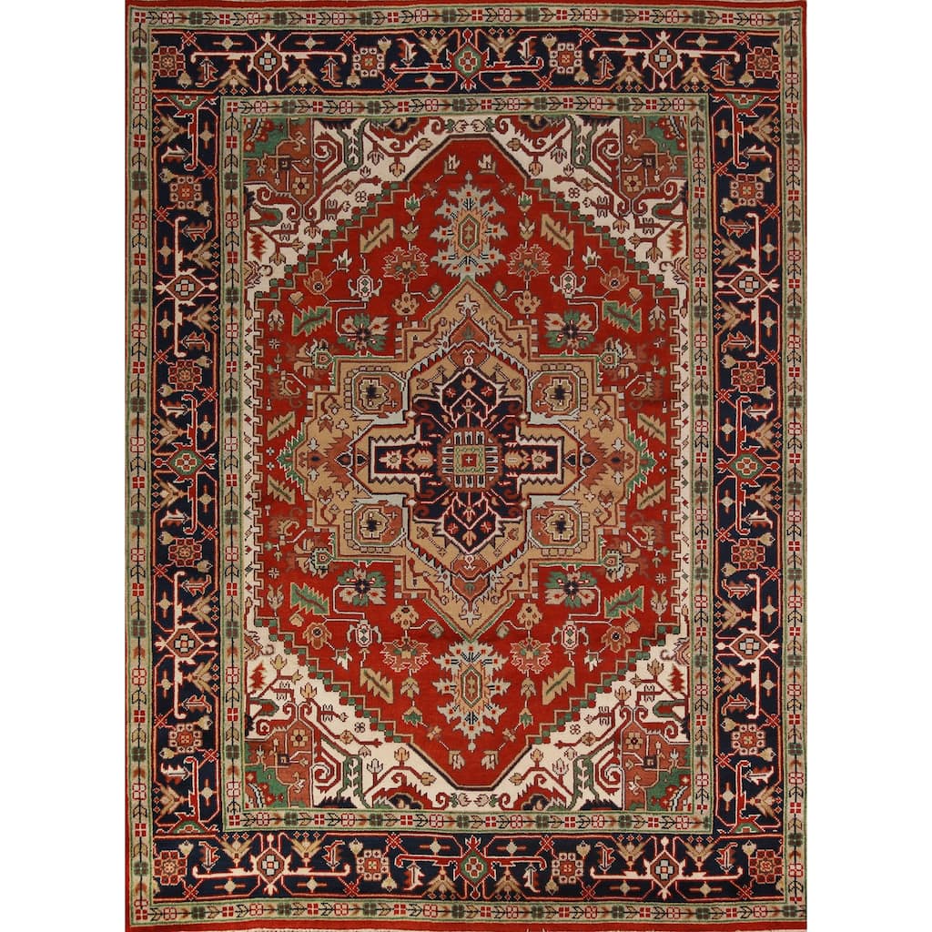 Geometric Medallion Heriz Serapi Area Rug Hand-Knotted Wool Carpet - 8'11"x 11'9"