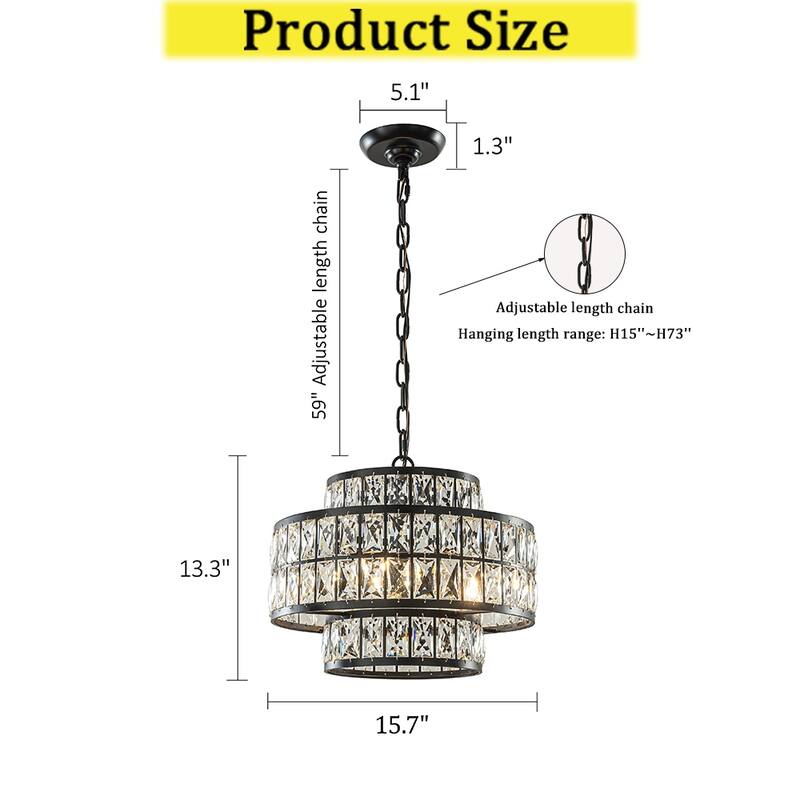 CraftHome Modern Crystal Chandelier Matte Black Finish Drum Pendant Light for Small Spaces Dining Room Entryway