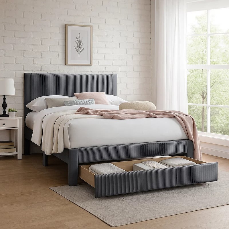 Daisy Full Bed w Drawer, Dark Gray Corduroy Upholstery, Foam Headboard