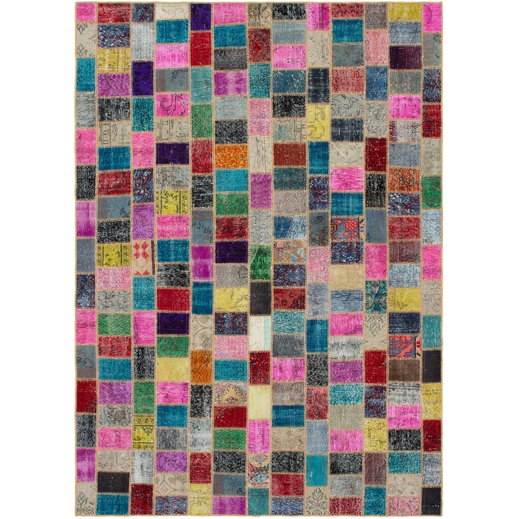Hand-knotted Color Patchwork Multi Color Wool Rug - 7'3" x 10'3"