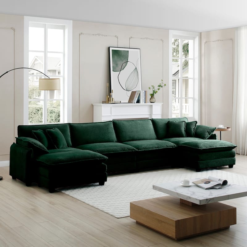 Green 6-piece Corduroy U-Shaped Modular Sectional Sofa with 2 Ottomans